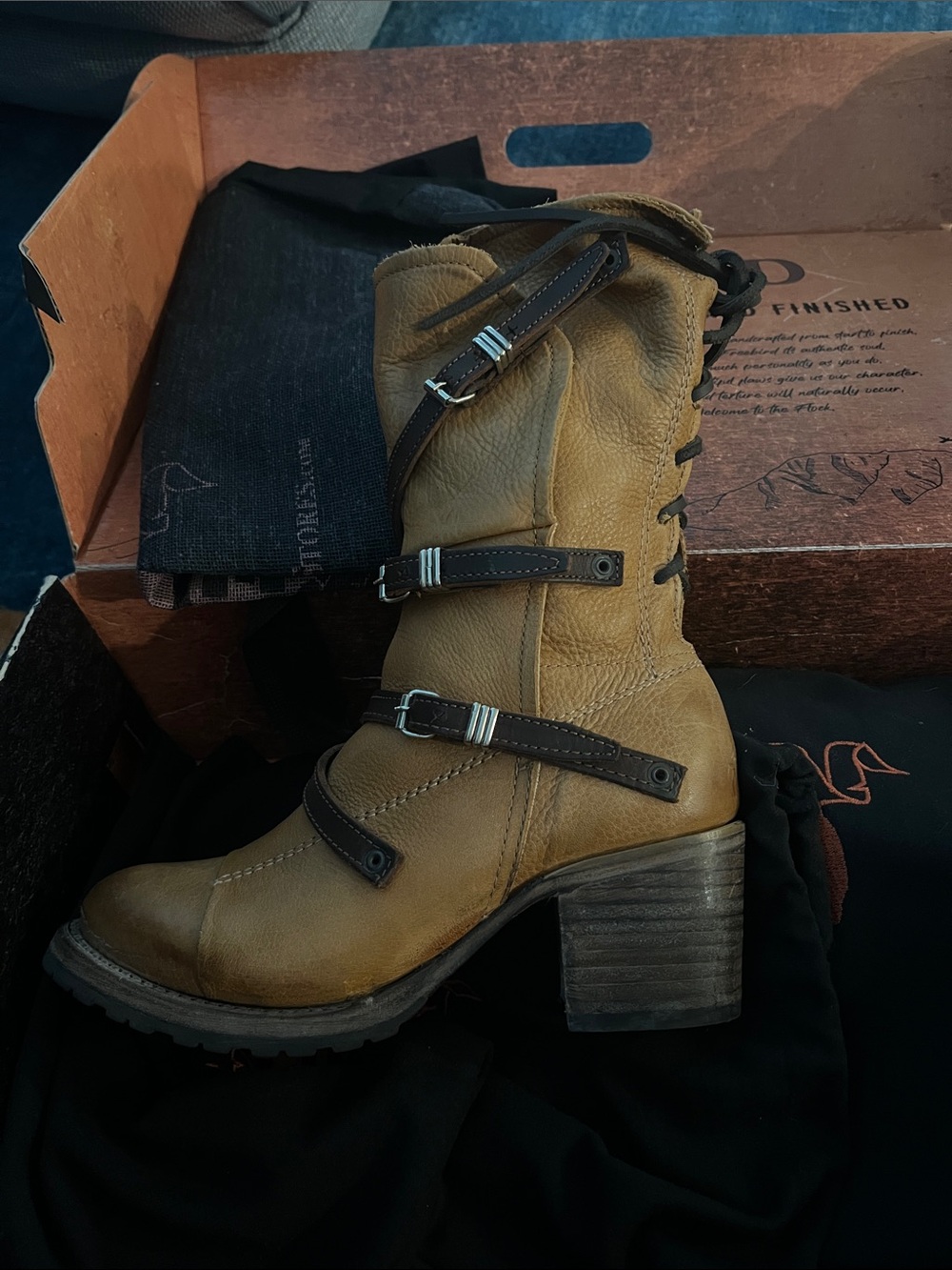 Freebird by Steven Tan Leather Lace-Up Buckle Block Heel Booties